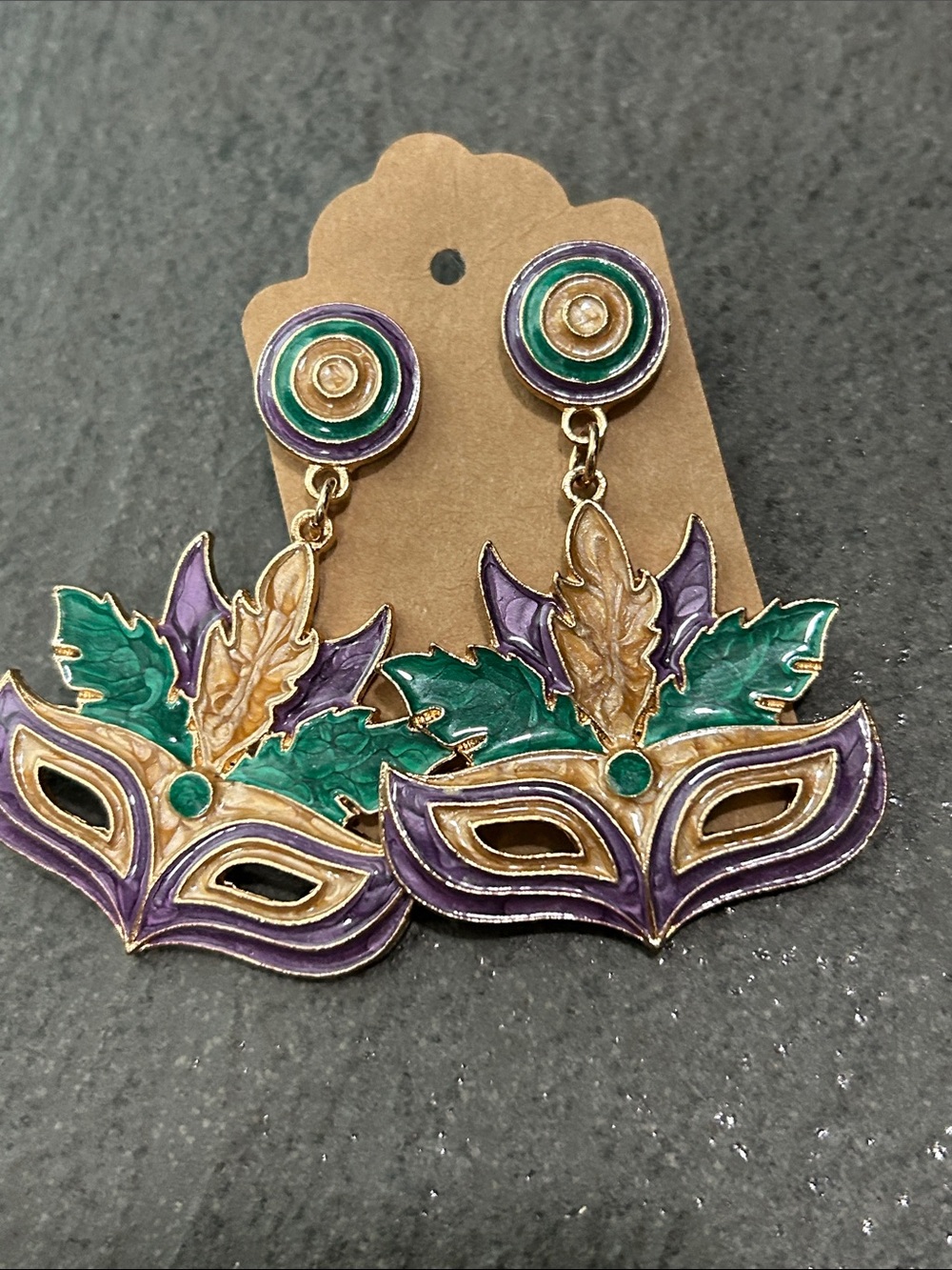 Masquerade/Mardi Gras Mask Drop Earrings in Purple, Green & Gold